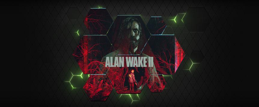 Alan Wake II yazılı görselde, koyu atmosferde kırmızı dallar arasında karanlık bir yüz ifadesine sahip karakter yer alıyor.