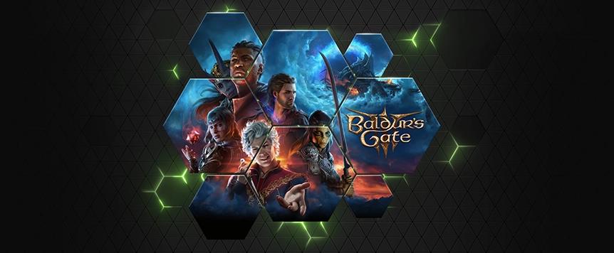 Baldur’s Gate yazılı görselde, elfler, büyücüler ve savaşçılar mavi tonlarda fantastik bir gökyüzü altında yer alıyor.