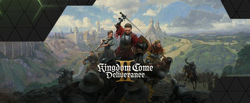 Kingdom Come: Deliverance II oyununa ait bir tanıtım görseli. Orta Çağ atmosferinde geçen bu epik sahnede, zırhlı bir savaşçı kılıcını kaldırırken elinde kalkan tutuyor.