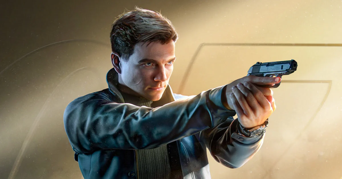 Bu görselde genç bir ajan figürü eliyle kavradığı tabancayı ileri doğru doğrultmuş halde öne çıkıyor. Koyu renk montu karaktere modern ve kontrollü bir duruş kazandırıyor. Arkadaki sıcak ışık ve silik 007 formu, bir casusluk atmosferini vurguluyor.