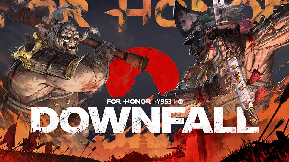 İki korkutucu savaşçı karakter, biri devasa topuz diğeri kılıç taşıyan, For Honor: Downfall görselinde çarpışmak üzere karşı karşıya geliyor; arkada kırmızı güneş silueti ve alevlerle dolu savaş alanı dikkat çekiyor.