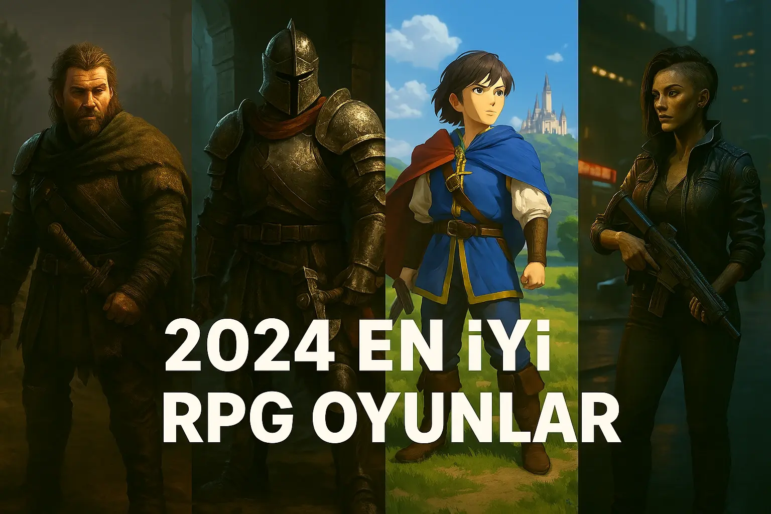 Kılıçlı bir savaşçı, harabe halindeki antik bir kalenin kapısında duruyor. Arka planda uçan dev bir ejderha ve mistik bir sis içinde gizemli bir krallık göze çarpıyor.
