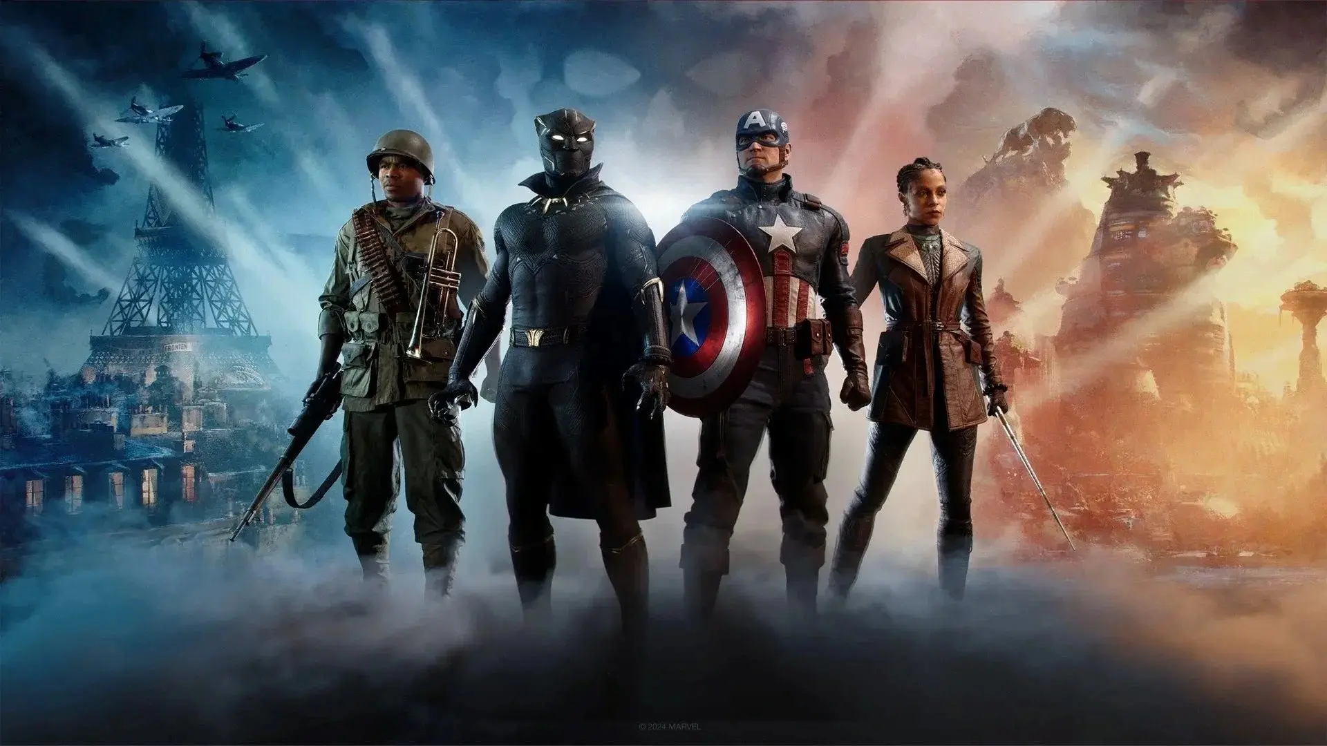 Marvel evreninden süper kahraman ekibi bir arada: Black Panther, Captain America ve müttefikleri savaş atmosferinde yan yana duruyor. Arka planda duman, uçaklar ve ikiye bölünmüş mavi-kırmızı gökyüzü dramatik bir çatışma sahnesi yaratıyor.