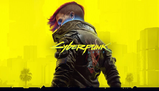 Cyberpunk 2077 görselinde, sarı neon tonlarındaki Night City silüeti önünde sırtı dönük duran, yanları tıraşlı ve kırmızı saçlı V karakteri ile görselin merkezinde Cyberpunk 2077 logosu yer alıyor.