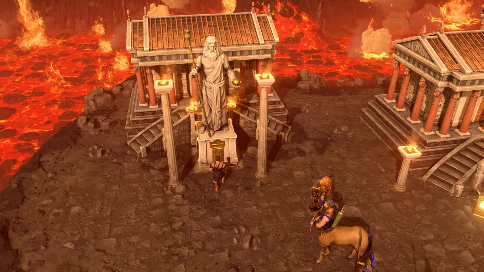 Lavlarla çevrili bir mitolojik tapınakta, uzun sakallı bir tanrı heykeli önünde dua eden bir karakter ve yanında yarı insan yarı at bir yaratık duruyor. Tapınak detayları ve sıcak atmosfer dikkat çekiyor.