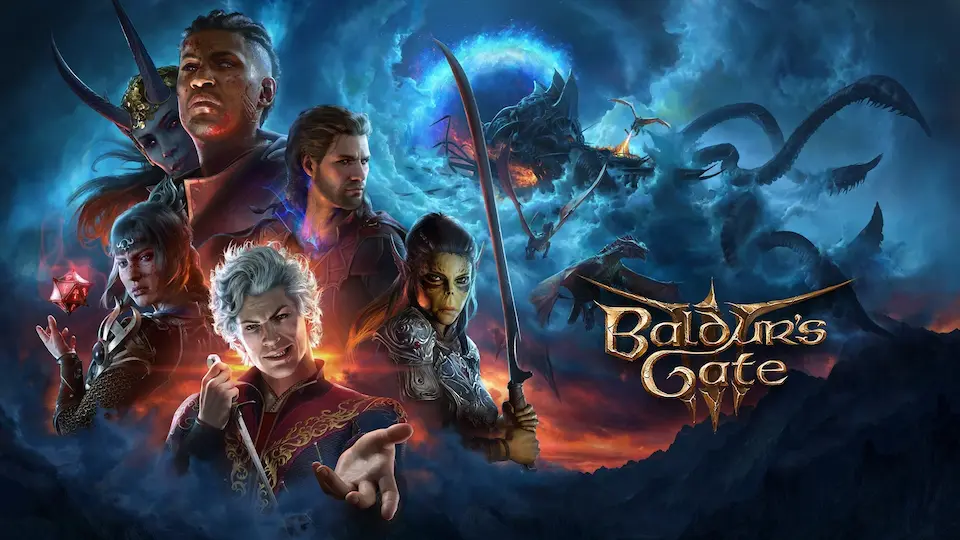 Ön planda Astarion, Shadowheart ve Lae'zel gibi karakterlerin, arka planda ise ejderhaların ve karanlık bir fantastik atmosferin yer aldığı Baldur's Gate 3 oyun kapak resmi.