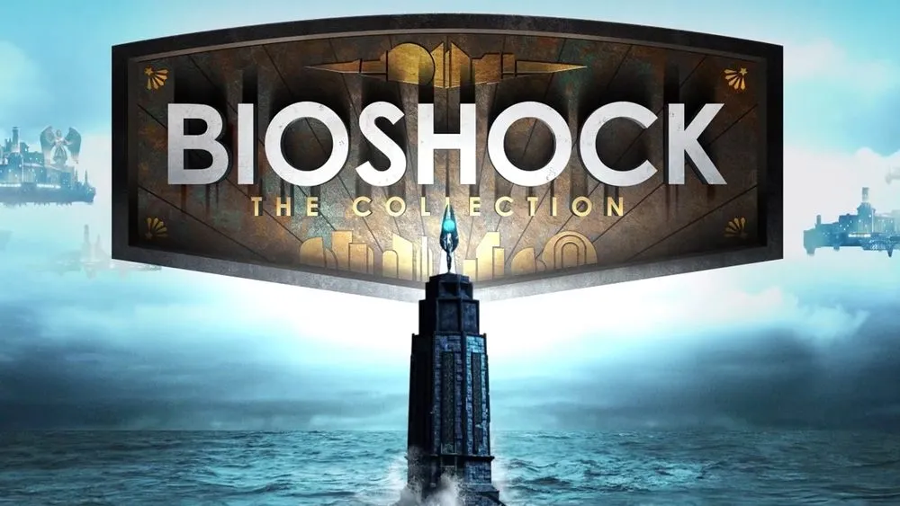 BioShock: The Collection görselinde, açık mavi ve sisli bir gökyüzü atmosferi içinde oyunun logosu büyük şekilde yer alıyor. Görselin merkezinde denizin ortasından yükselen deniz feneri benzeri yapı dikkat çekiyor.
