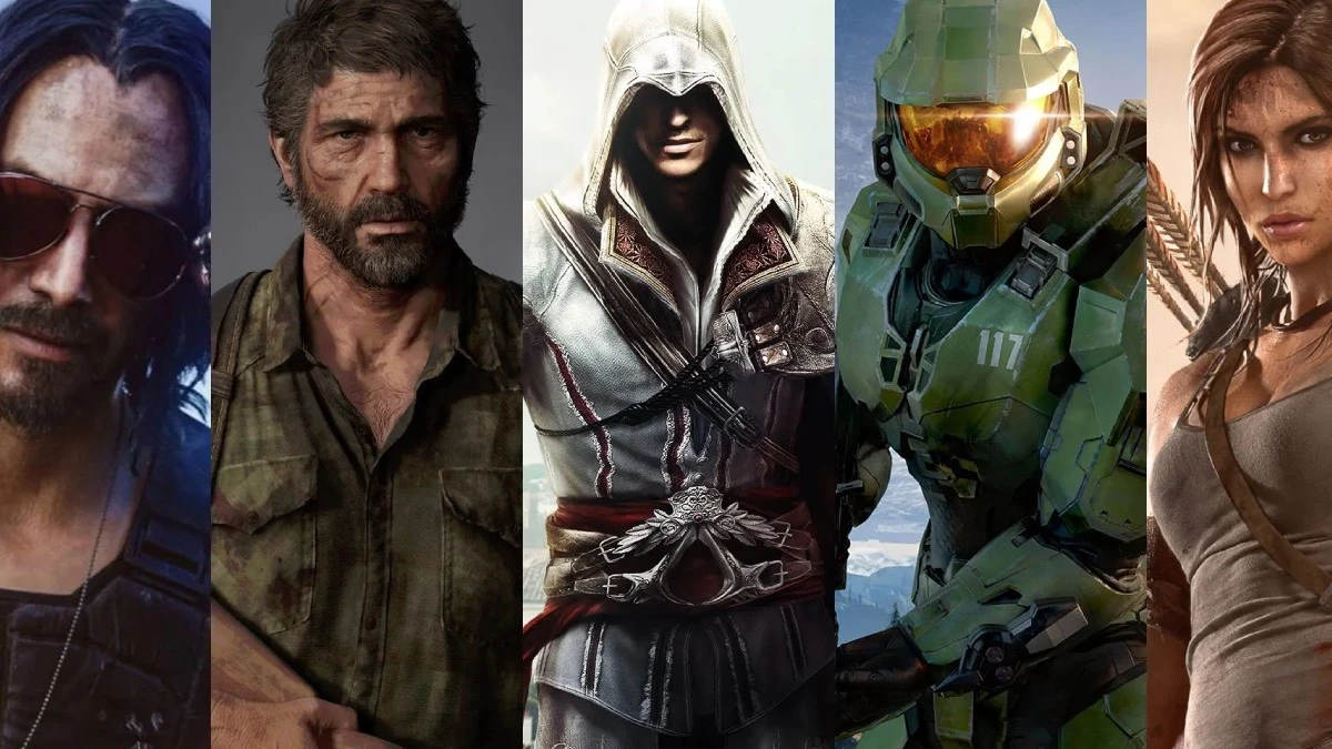 Video oyunlarından uyarlanan film ve dizilerde yer alan karakterleri gösteren kolaj görsel. Hayatta kalmaya çalışan sakallı bir figür, kapüşonlu bir suikastçı, zırhlı bir bilim kurgu askeri ve macera türünü temsil eden güçlü bir kadın karakter yer alıyor.
