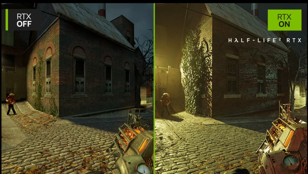 Half Life 2 oyunundan bir sahne, DLSS ve Ray tracing farklarına bakılıyor. Sağ altta yer alan “RTX ON” etiketi, görüntünün ışık ve yansıma efektlerini vurgulayan bir oyun görseli olduğunu gösteriyor.