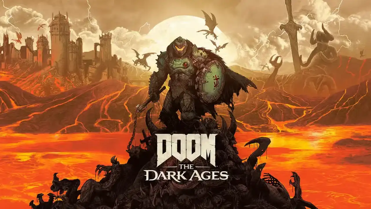 DOOM: The Dark Ages görselinde, zırhlı Doom Slayer karakteri karanlık ve cehennem atmosferli bir savaş alanında öne çıkıyor. Karakterin üzerinde yeşil metal zırh, dikenli omuzluklar ve siyah kürk detaylı pelerin bulunuyor. 
