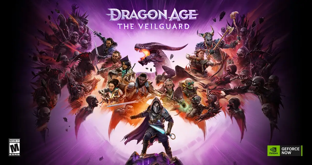  “Dragon Age: The Veilguard” yazılı görselde, mor bir arka plan üzerinde fantastik savaşçılar ve büyücüler, etraflarını saran iskeletler ve karanlık yaratıklarla karşı karşıya geliyor. Ortada bir ejderha ve NVIDIA GeForce Now logosu yer alıyor.