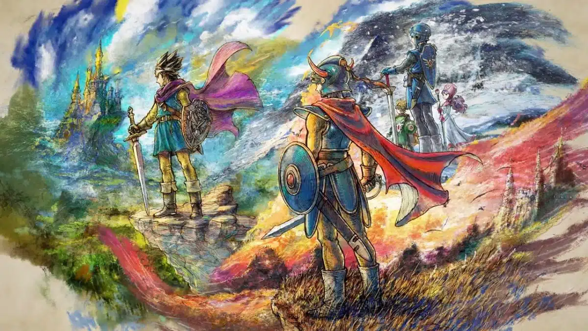 Dragon Quest serisinin farklı dönemlerinden kahramanları renkli, suluboya tarzında bir fantastik manzara içinde gösteren JRPG temalı illüstrasyon. Ön planda kırmızı pelerinli, miğferli bir savaşçı kılıcıyla uzaklara bakarken bir kahraman görülüyor. 