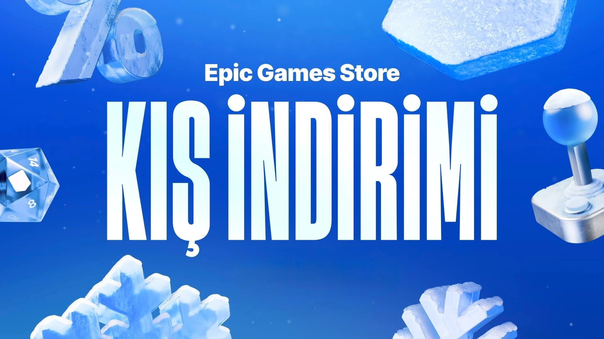 Mavi arkaplanlı görselde beyaz fontla "epic games store kış indirimleri" yazıyor.