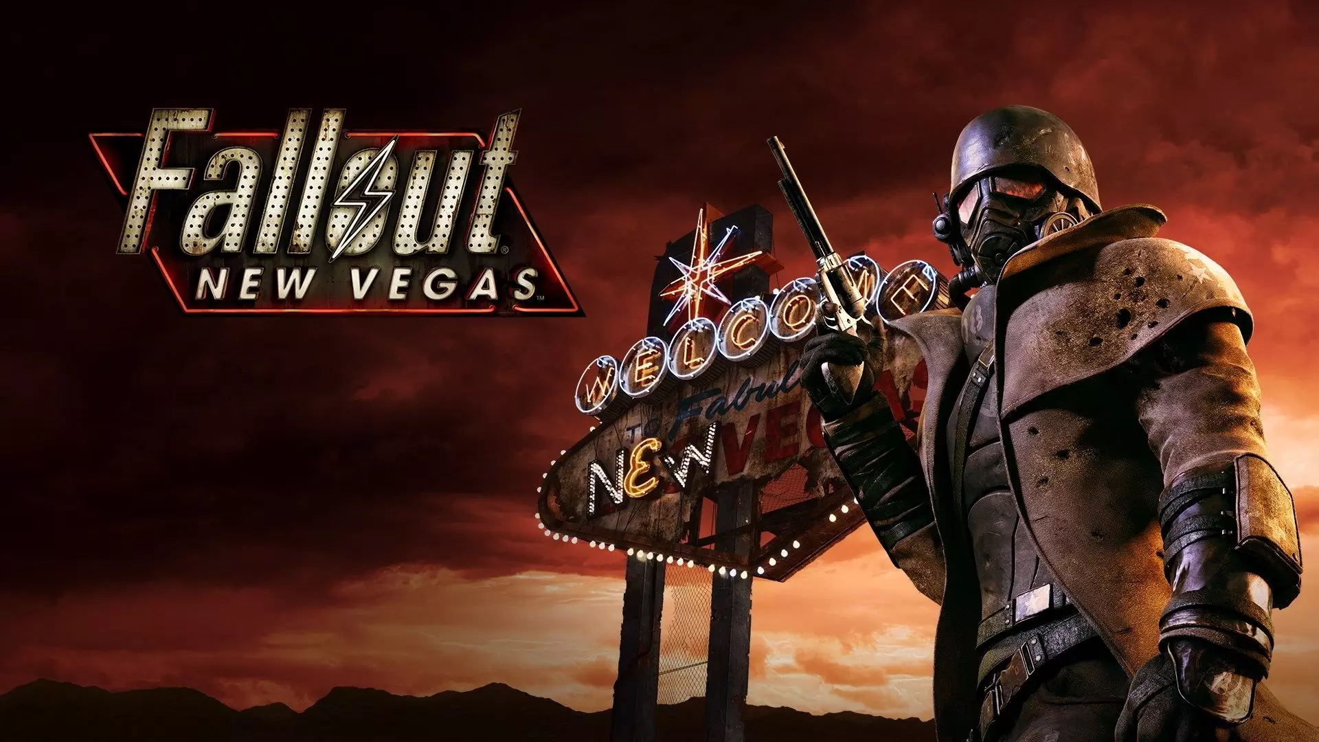Fallout: New Vegas kapak görselinde zırhlı, maskeli bir karakter elinde tabanca tutuyor; arka planda ‘Welcome to Fabulous New Vegas’ tabelası ve Fallout New Vegas logosu yer alıyor. Sahne, çöl atmosferi ile oyunun post-apokaliptik dünyasını vurguluyor.
