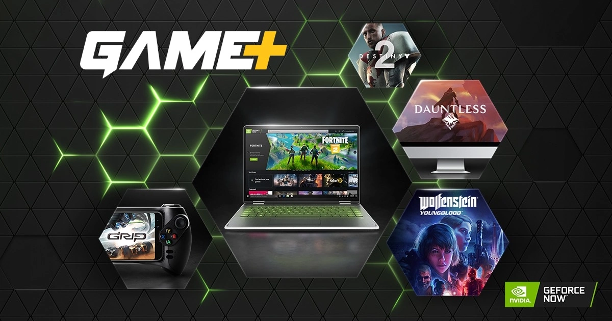 GAME+ ve NVIDIA GeForce NOW tanıtım görselinde merkezde Etrafında ...