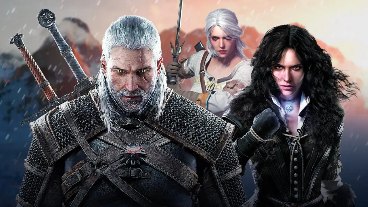 Önde gümüş saçlı ve zırhlı Geralt ciddi bakışlarla dururken, arkasında kılıcını kuşanmış Ciri ve büyü yapmaya hazırlanan Yennefer yer alıyor. Arka planda karlı dağlar ve kızıl bir gün batımı manzarası görünüyor.