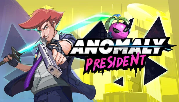 Sarı neon şehir silüeti önünde, kırmızı saçlı takım elbiseli bir karakter bir elinde kılıç, diğerinde tabanca tutarak poz veriyor. Yanında mor gözlü, bitki görünümlü uzaylı karakterle birlikte “Anomaly President” logosu öne çıkıyor.