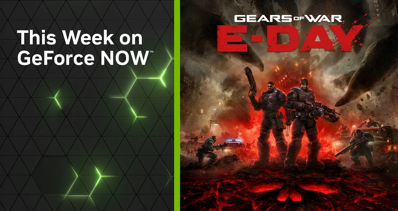 GeForce NOW’un haftalık oyun duyurusunda Gears of War: E-Day öne çıkıyor. Görselin sol tarafında siyah ve yeşil GeForce NOW tasarımı üzerinde “This Week on GeForce NOW” yazısı yer alıyor.