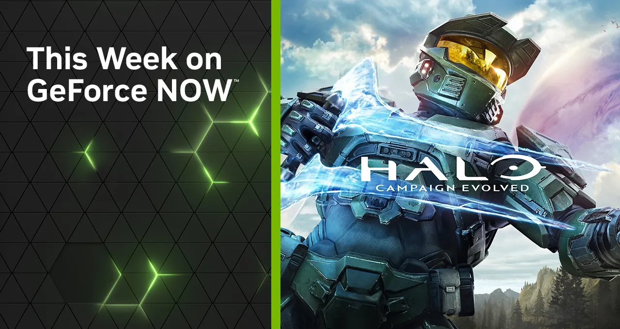 GeForce NOW’un haftalık oyun duyurusunu tanıtan görsel. Sol tarafta siyah altıgen desenli arka plan üzerinde beyaz “This Week on GeForce NOW” yazısı ve yeşil ışık efektleri yer alıyor. Sağda ise altın vizörlü zırhıyla Master Chief ön planda görülüyor.