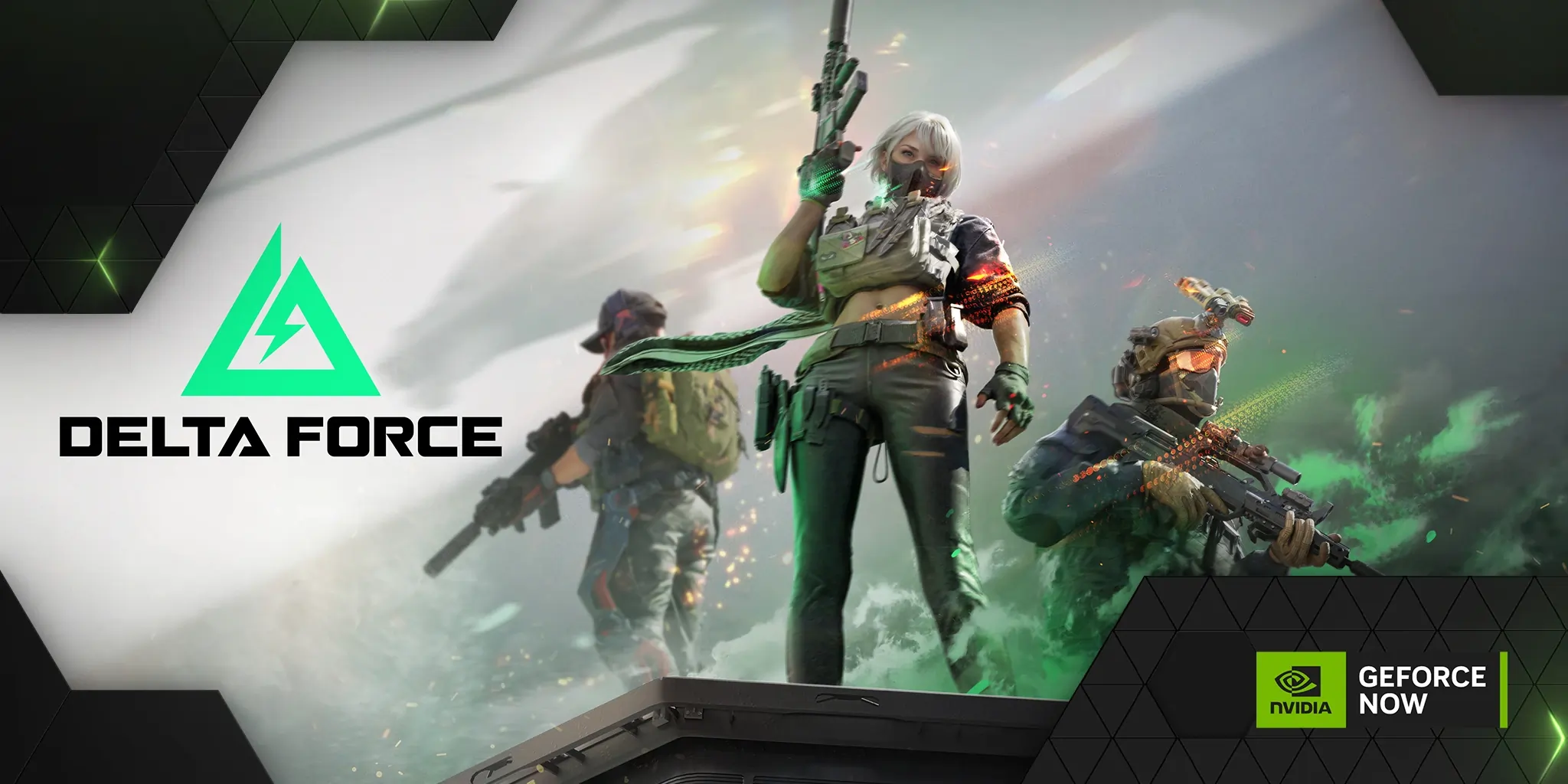 DGeForce NOW Delta Force görselinde sol tarafta yeşil üçgen amblem ve büyük “DELTA FORCE” yazısı yer alıyor. Ortada taktik yelekli bir karakter elinde dik tuttuğu tüfekle öne çıkıyor; arka planda sisli bir savaş alanında iki silahlı asker daha görülüyor.