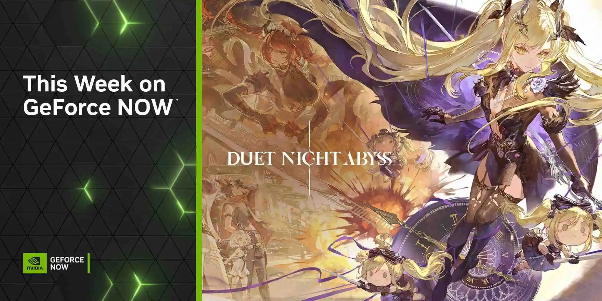GeForce NOW’un bu haftaki oyunlarını tanıtan görselde sol tarafta “This Week on GeForce NOW” yazısı ve NVIDIA GeForce NOW logosu, sağ tarafta ise Duet Night Abyss oyununa ait anime tarzı karakter illüstrasyonu yer alıyor.