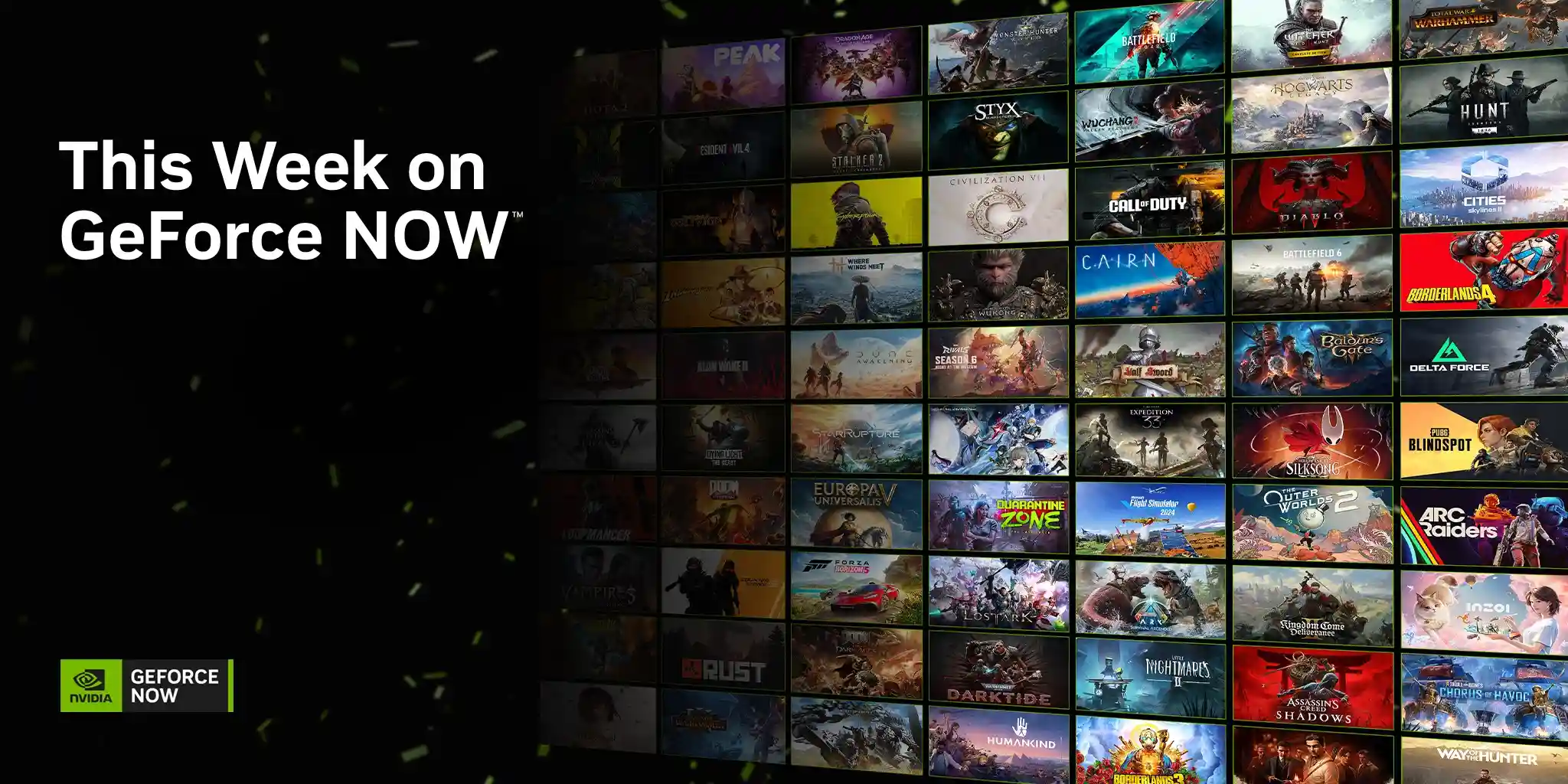GeForce NOW haftalık duyurusunu gösteren görselde, sol tarafta siyah arka plan üzerinde “This Week on GeForce NOW” yazısı ve NVIDIA GeForce NOW logosu yer alıyor.