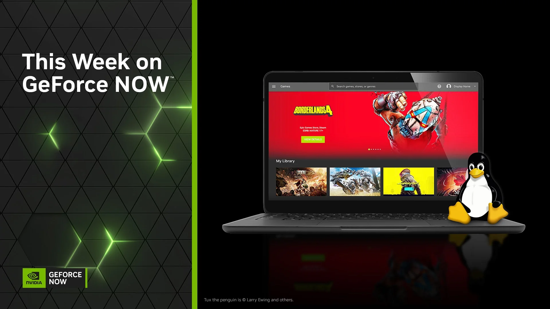 GeForce NOW’ın Linux desteğini öne çıkaran görselde, siyah ve yeşil geometrik desenli arka plan üzerinde “This Week on GeForce NOW” yazısı yer alıyor. GeForce NOW uygulamasının açık olduğu bir dizüstü bilgisayar ve Linux’un Tux maskotu görülüyor.