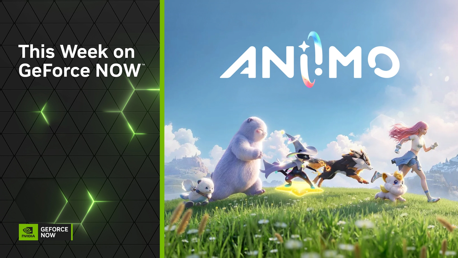 Aniimo karakterleri ve yaratıklarının renkli açık dünyada koştuğu, sol bölümde “This Week on GeForce NOW” yazısı ile NVIDIA GeForce NOW logosunun yer aldığı haftalık oyun duyuru görseli.