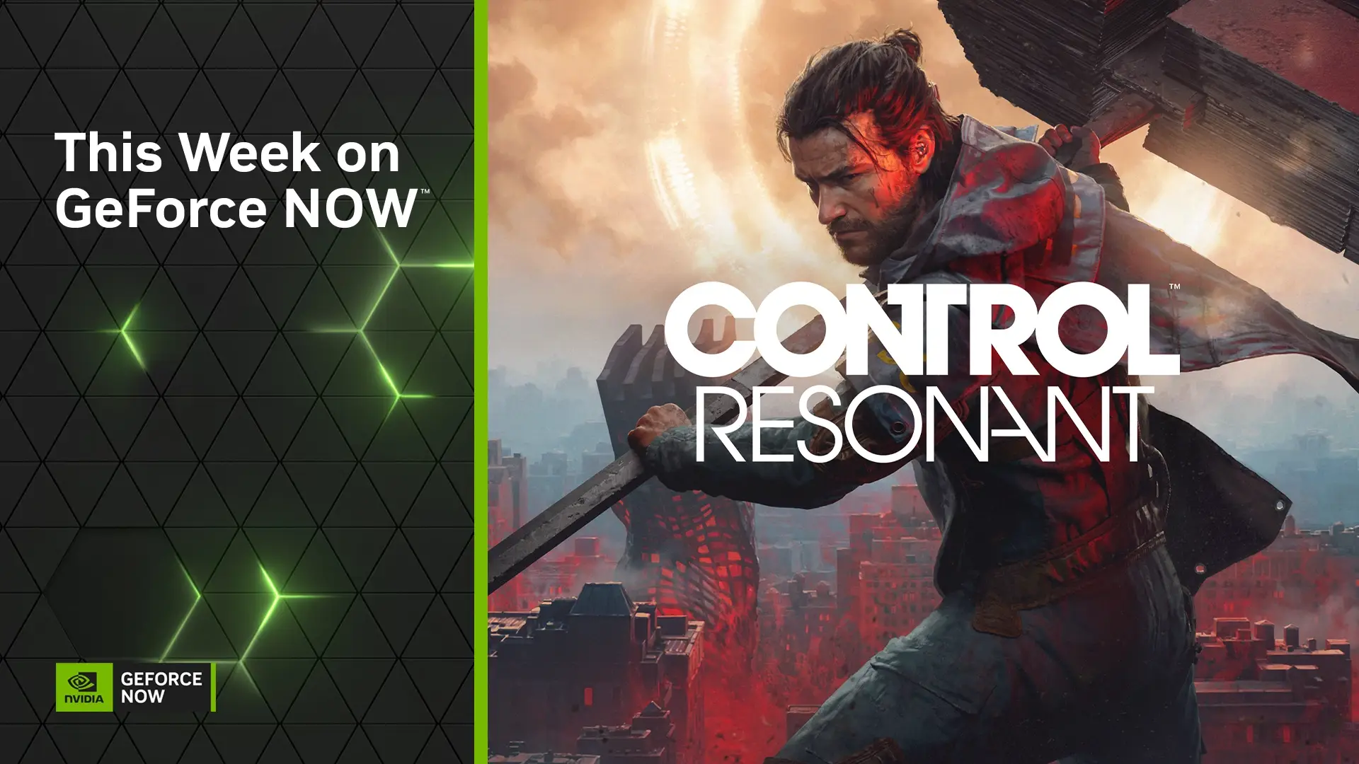 CONTROL Resonant oyunundan Dylan Faden’ın, gerçekliğin çarpıtıldığı Manhattan’da silahıyla mücadele ettiği sahnenin yer aldığı GeForce NOW haftalık oyun duyurusu görseli.