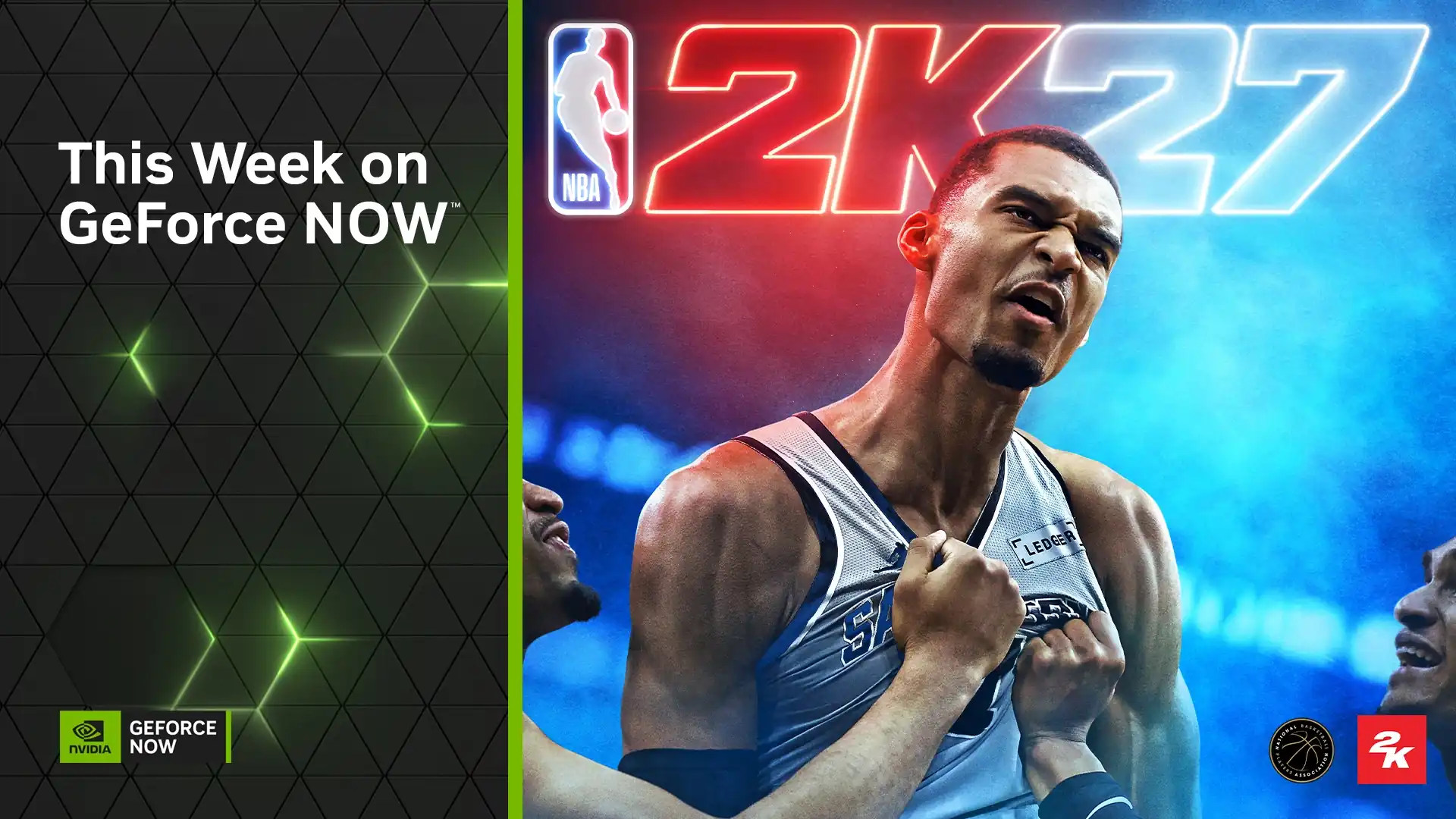 GeForce NOW’un haftalık oyun duyurusunu tanıtan görselde, NBA 2K27 logosu önünde sahada coşkulu şekilde kutlama yapan bir basketbolcu yer alıyor. Sol bölümde “This Week on GeForce NOW” yazısı ile NVIDIA GeForce NOW logosu bulunuyor.