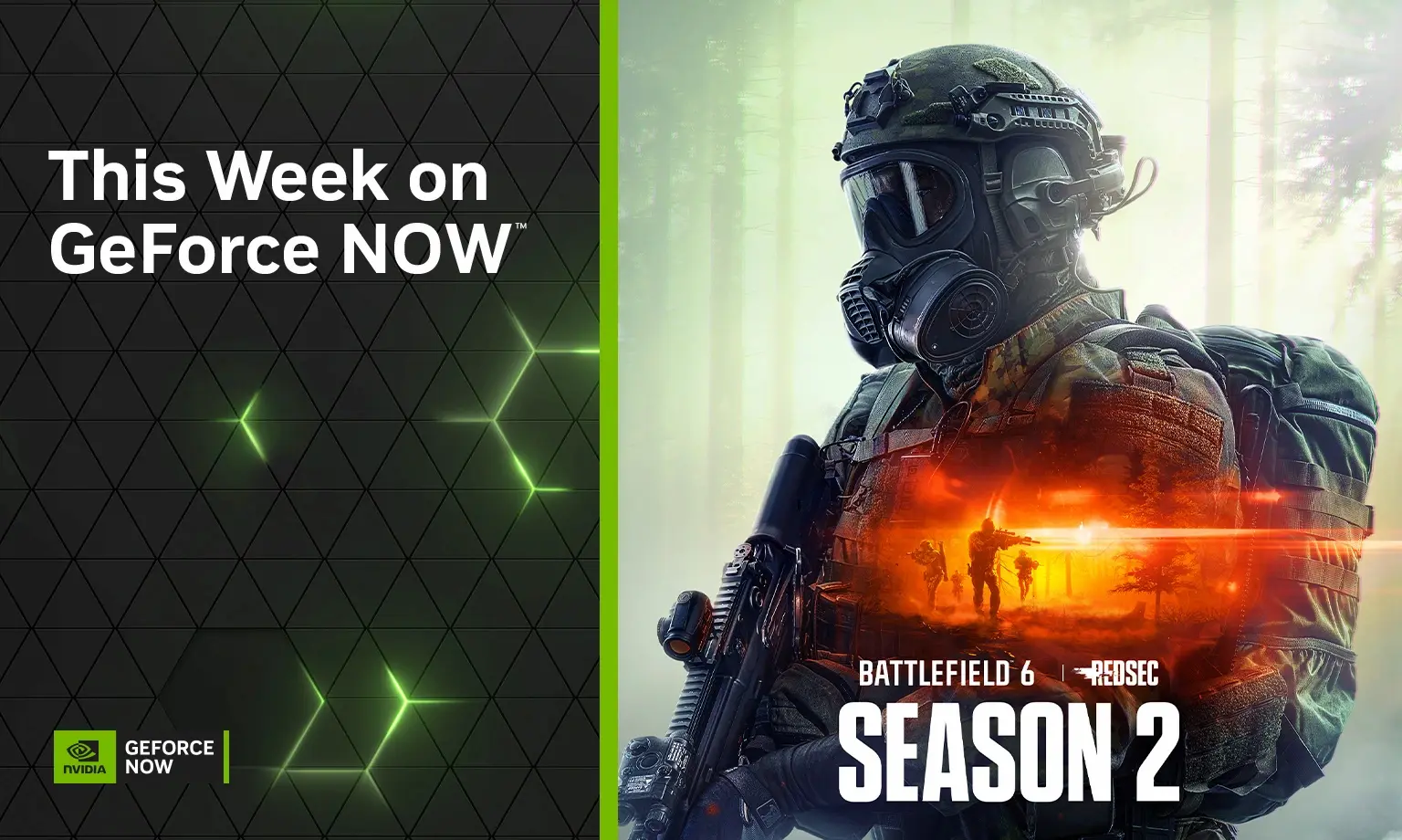 Görselde, sağ tarafta gaz maskesi ve taktik kask takan, askeri teçhizatlı bir asker karakter yer alıyor. Karakterin göğüs kısmında turuncu tonlarda yanan bir savaş sahnesi yansıtılmış; silahlı askerler çatışma alanında ilerliyor. 