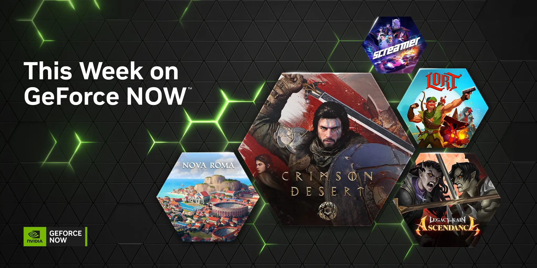 This Week on GeForce NOW” başlıklı görselde NVIDIA GeForce NOW logosu ve yeşil arka plan üzerinde Crimson Desert karakteri merkezde yer alıyor