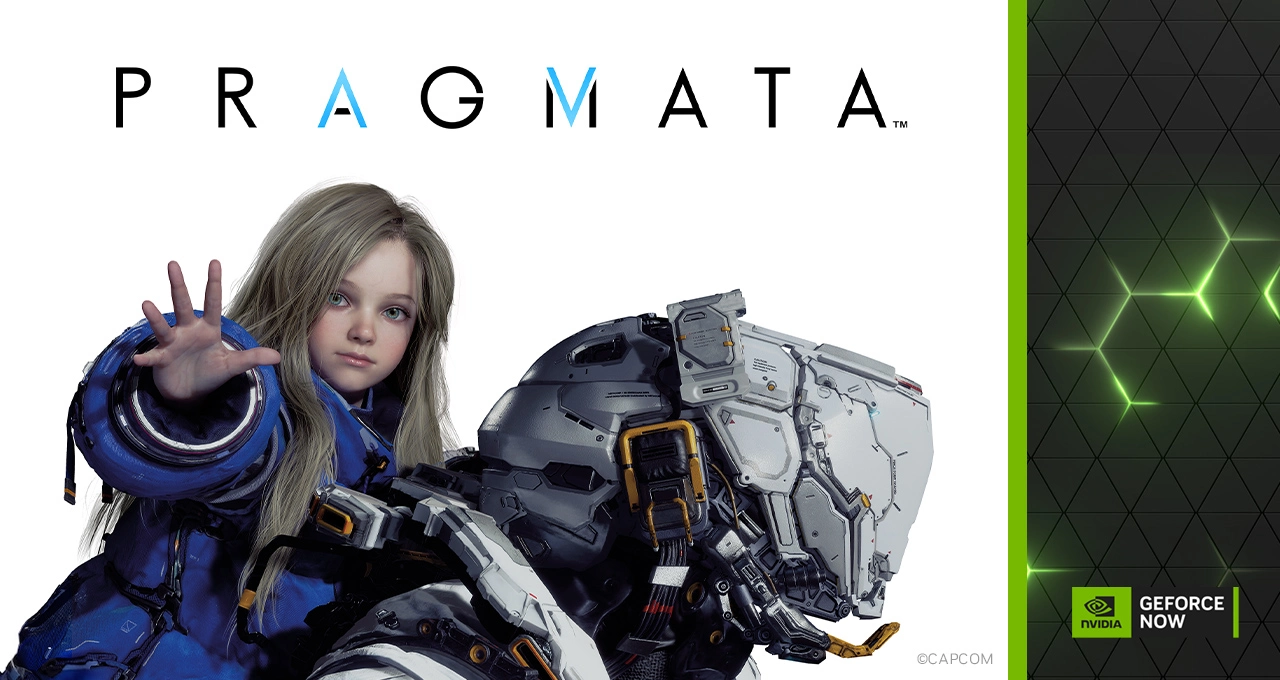 Beyaz arka planlı tanıtım görselinde üst kısımda PRAGMATA logosu yer alıyor. Sol tarafta mavi, parlak ve futuristik bir kıyafet giyen genç kız karakter kameraya doğru elini uzatıyor. Yanında ise beyaz-gri zırhlı robotik ekipmanlı karakter bulunuyor.