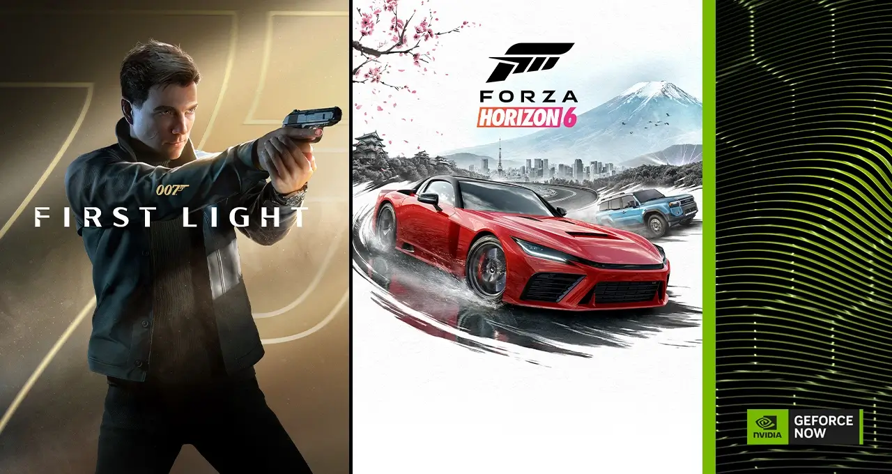 Görselde üç parçalı bir GeForce NOW tanıtım kompozisyonu yer alıyor. Sol bölümde 007 First Light oyunundan, elinde silah tutan genç James Bond karakteri koyu ve sinematik bir atmosferde görülüyor. 