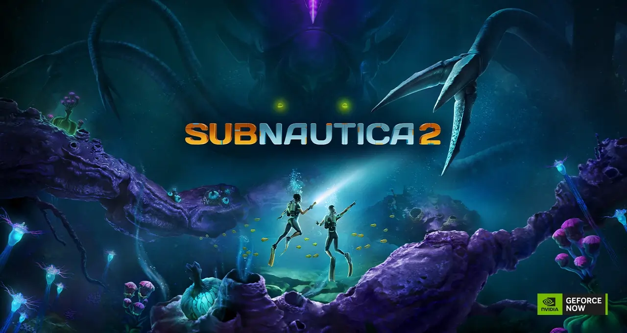 Subnautica 2 tanıtım görselinde iki dalgıç, karanlık ve gizemli bir okyanus ortamında fener ışıklarıyla ilerliyor. Etraflarında mor mercan yapıları, küçük balıklar, dev deniz canlıları ve arka planda Subnautica 2 logosu yer alıyor.