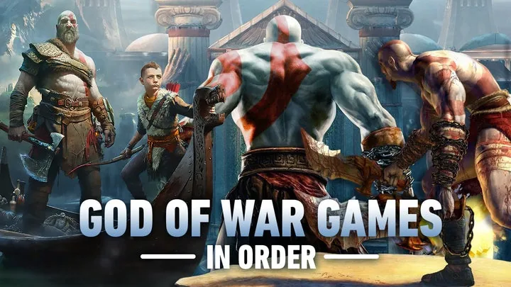 God of War oyun serisini temsil eden kolaj görsel. Görselde Kratos’un farklı dönemlerdeki halleri, savaşan Atreus ve Yunan ile İskandinav mitolojisinden sahneler yer alıyor. Oyunların kronolojik sırasını ve hikâye evrimini vurgulayan bir kompozisyon.