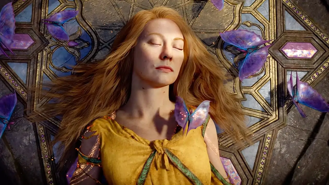 God of War Laufey'den Faye karakteri: kızıl saçlı, sarı elbiseli kadın altın işlemeli taş zeminde gözleri kapalı uzanıyor, etrafında mor-mavi kelebekler. State of Play Haziran 2026'da tanıtıldı.