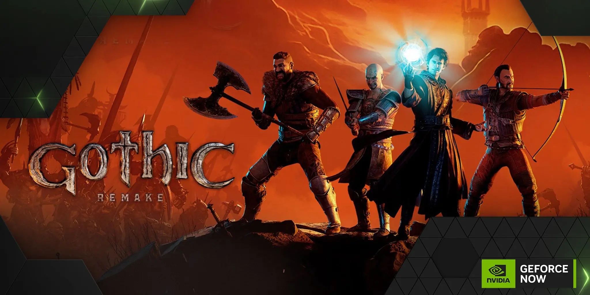 Gothic 1 Remake oyununun GeForce NOW görselinde, turuncu ve karanlık savaş atmosferi önünde farklı silahlar taşıyan dört karakter yer alıyor. Sol tarafta Gothic Remake logosu bulunuyor