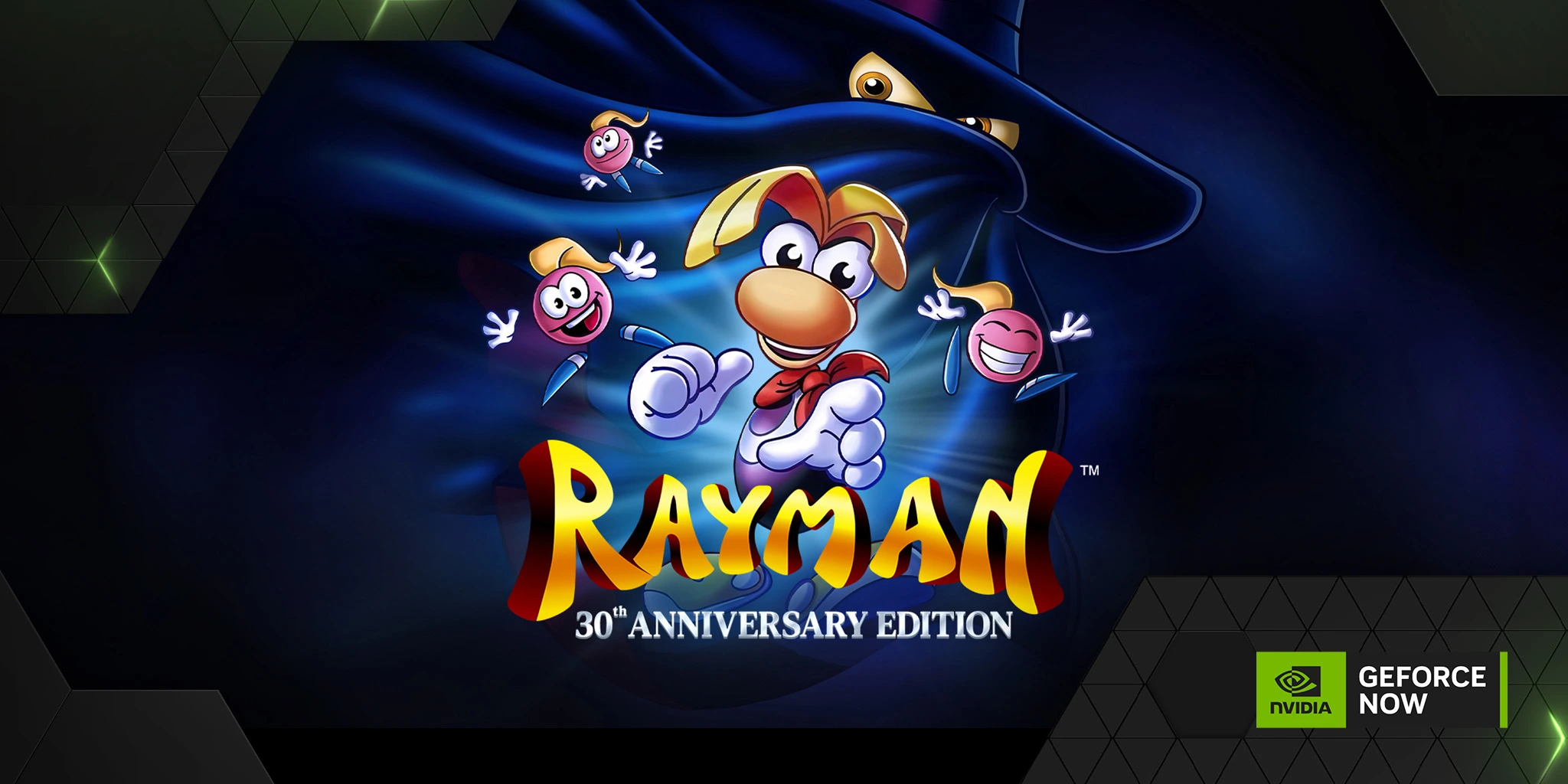 Rayman 30th Anniversary Edition için hazırlanmış tanıtım görseli. Görselin merkezinde, beyaz eldivenli ve yüzen elleri ile ayaklarıyla tanınan ikonik karakter Rayman neşeli bir ifadeyle öne doğru uzanıyor. Etrafında pembe, kanatlı karakterler uçuşuyor.