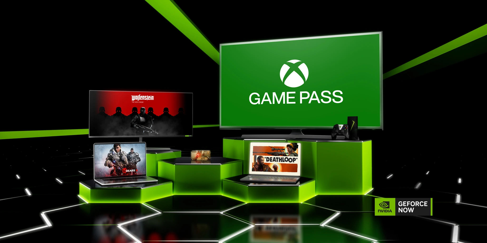 NVIDIA GeForce NOW ve Xbox Game Pass ile bulut oyun keyfine adım atın! Gameplus rehberi ile oyun deneyiminizi bir üst seviyeye taşıyın." "Gears" ve "Deathloop" gibi oyunların görüntüleri farklı cihazlarda gösteriliyor. Yeşil ve siyah temalar kullanılmış.