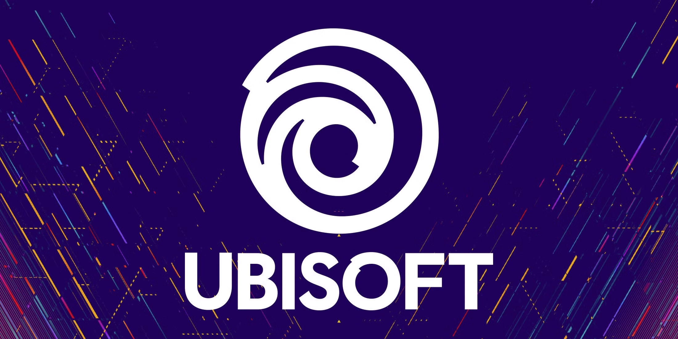 Ubisoft logosu, mor zemin ve neon çizgilerle çevrelenmiş, markanın dijital oyun dünyasındaki yerini vurgulayan bir tasarımla öne çıkıyor.