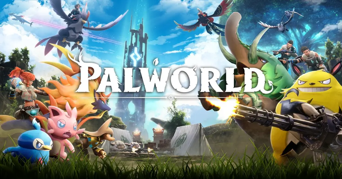 Palworld oyununa ait görselde, renkli ve aksiyon dolu bir açık dünya sahnesi yer alıyor. Görselin merkezinde büyük “PALWORLD” logosu bulunurken, çevresinde farklı görünümlere sahip Pal karakterleri, silahlı insanlar ve uçan yaratıklar dikkat çekiyor. 