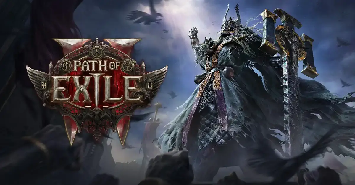 Path of Exile II başlığıyla sunulan görselde, karanlık bir atmosferde devasa bir savaş baltası taşıyan zırhlı bir savaşçı yer alıyor. Arka planda uçan kuşlar ve mistik detaylar, epik ve karanlık bir fantezi dünyasını yansıtıyor.