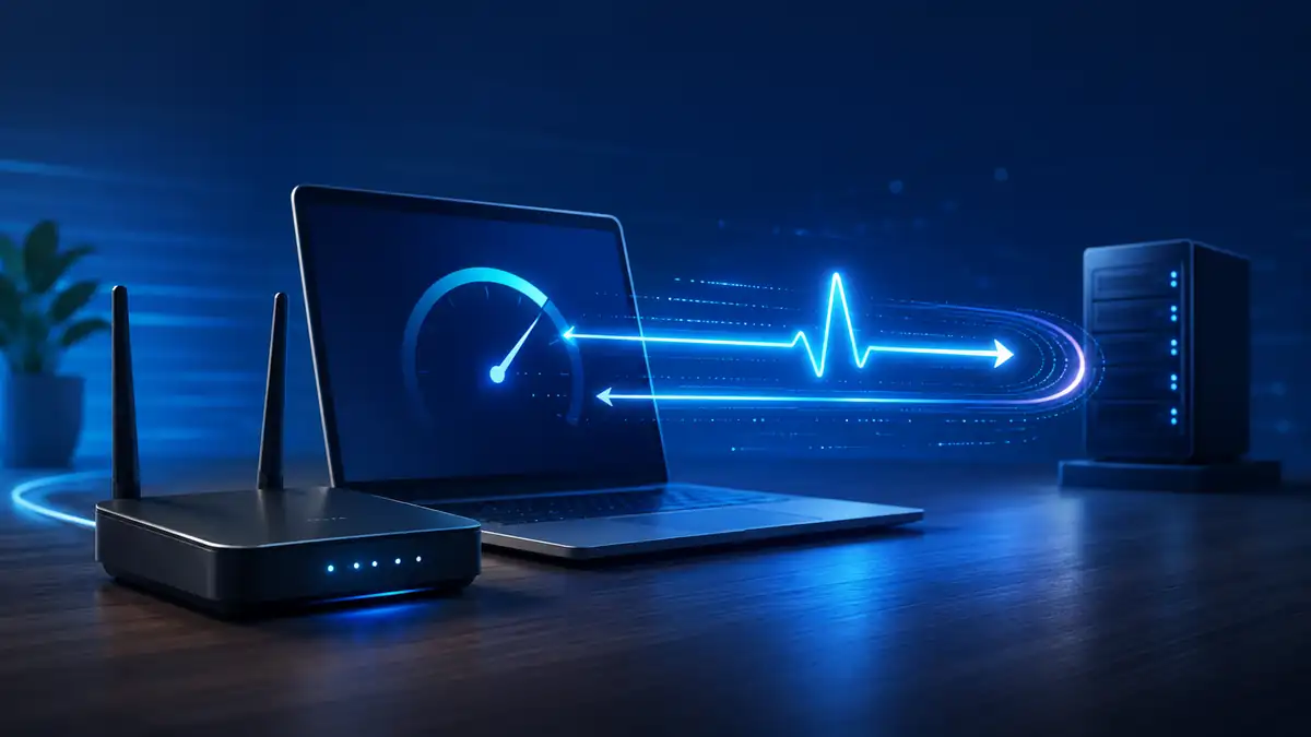 Ping ve ağ gecikmesini temsil eden görselde, Wi-Fi modem, dizüstü bilgisayar ve sunucu arasında gerçekleşen veri iletişimi gösteriliyor. Cihazlar arasında uzanan oklar, veri paketlerinin sunucuya gidiş-dönüş süresini ve ping değerini simgeliyor.