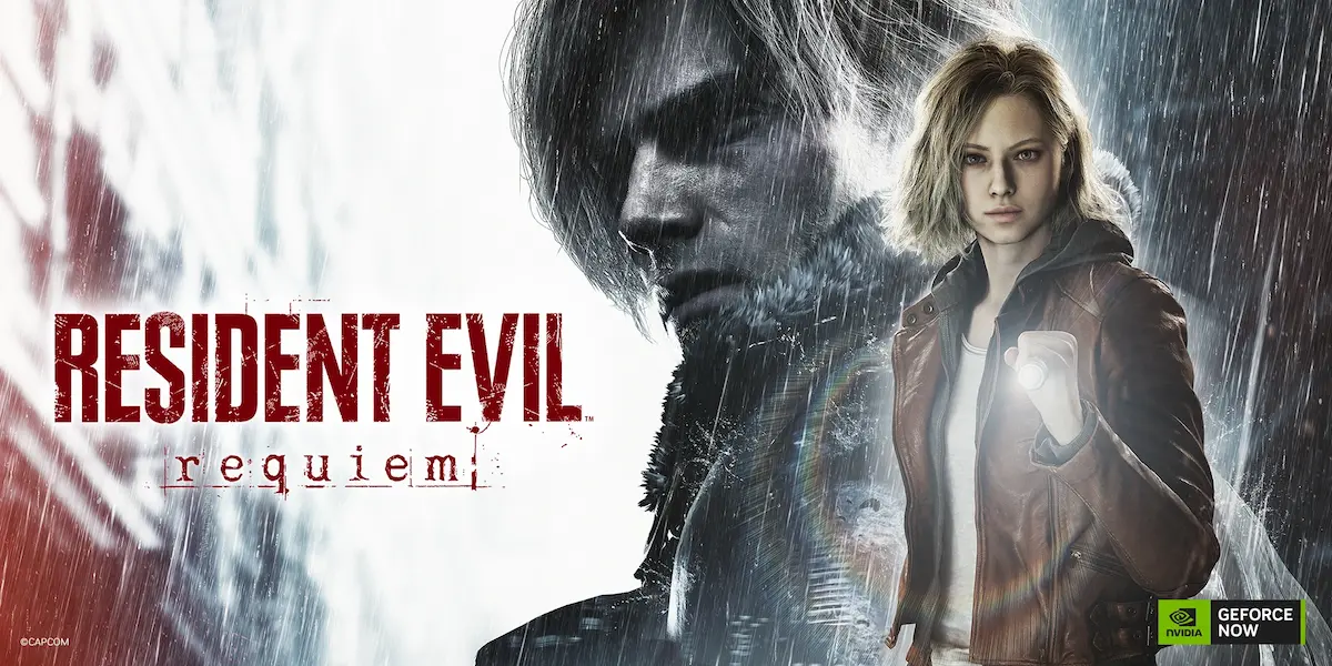 Resident Evil: Requiem tanıtım görseli; yağmur altında elinde el feneri tutan kadın karakter ön planda, arka planda Leon S. Kennedy’nin karanlık silueti ve sol tarafta “Resident Evil Requiem” logosu, sağ alt köşede NVIDIA GeForce NOW logosu yer alıyor.