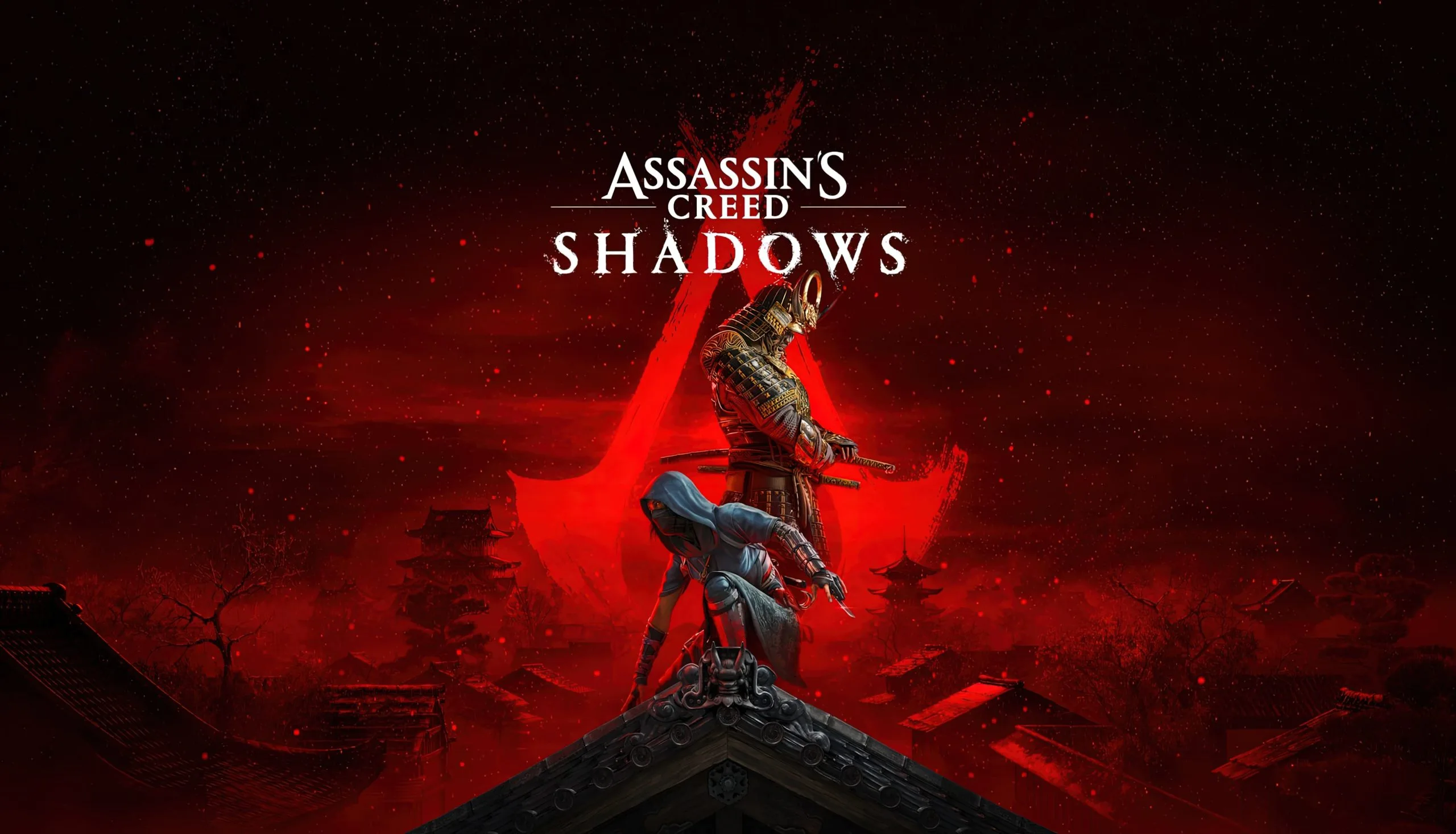 Assassin's Creed Shadows başlığıyla sunulan görselde, kırmızı bir arka plan üzerinde bir samuray savaşçısı ve bir suikastçı yer alıyor. Arka planda Japon mimarisi ve ikonik Assassin's Creed logosu görülüyor; karanlık ve epik bir atmosfer vurgulanıyor.