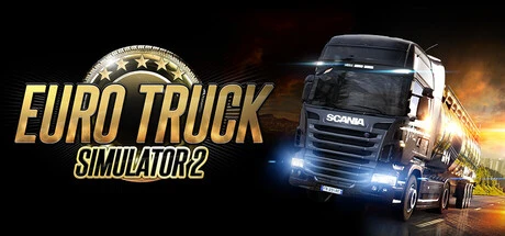 Görselin sağında dev bir Scania tır, otoyolda görülüyor. Sol tarafta ise büyük puntolarla yazılmış EURO TRUCK SIMULATOR 2 logosu yer alıyor. Arkada hareket bulanıklığıyla verilen şehir ışıkları, hız hissini vurgularken, tırın gövdesi parlıyor.