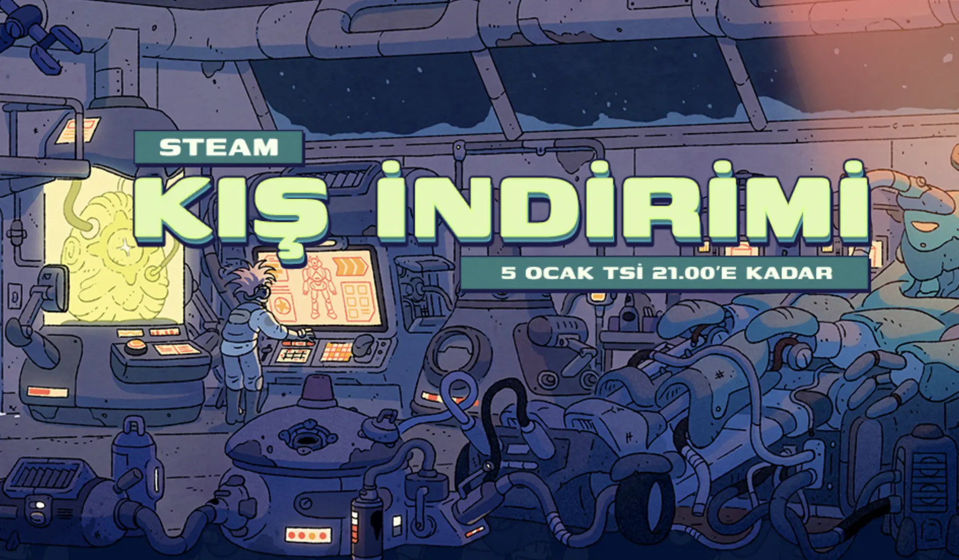 Uzay temalı bir arka planlı görselde, bir uzay istasyonunda çalışan bir karakterin, devasa makineleri kontrol ederken ekranındaki oyun verileriyle ilgilendiği bir an tasvir ediliyor.