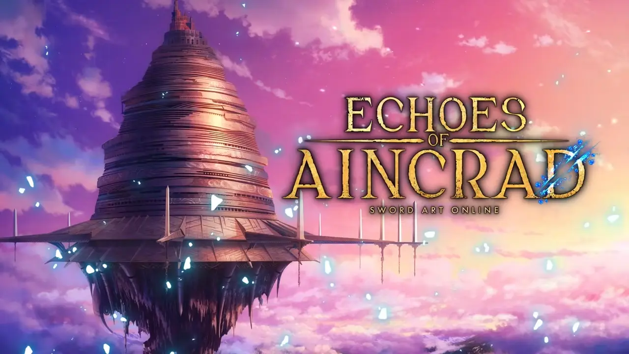 Sword Art Online: Echoes of Aincrad oyununa ait tanıtım görselinde, pembe ve mor tonlarda gün batımı gökyüzünün üzerinde Aincrad’ın devasa katmanlı kulesi yer alıyor. Sol tarafta bulutların arasından yükselen yapı, oyunun fantastik atmosferini vurguluyor.