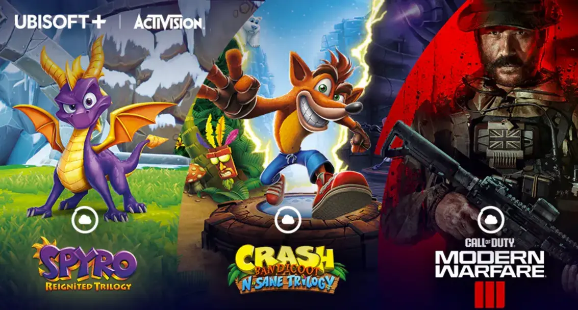 İkiye bölünmüş bir kolaj görseli: Sol tarafta koyu arka plan üzerinde beyaz Ubisoft spiral logosu ve altında büyük ‘UBISOFT’ yazısı yer alıyor; sağ tarafta ise dört renkli Microsoft logosu ve altında kalın siyah ‘ACTIVISION BLIZZARD’ metni görülüyor.